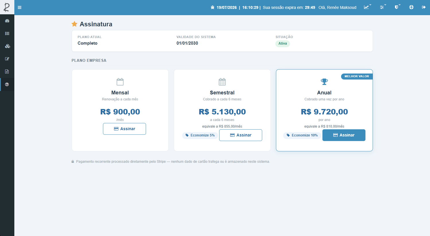 Tela de assinatura com os planos mensal, semestral e anual
